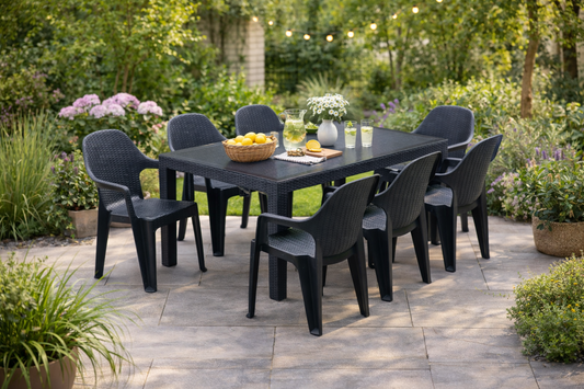 Градински комплект маса Polo с плот от стъкло тип ратан 90×150 с 6 стола